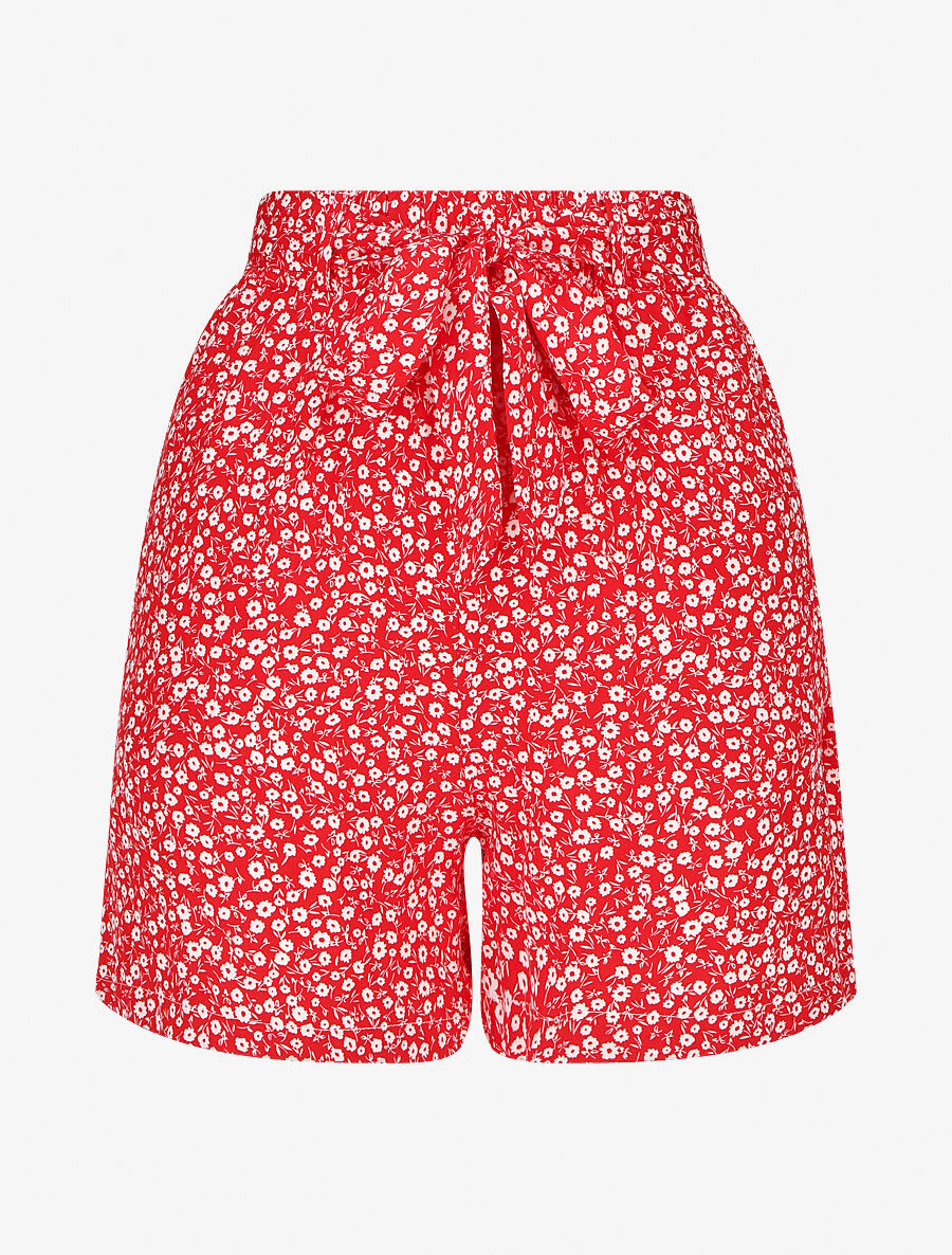 Short fluide imprimé fleuri et ceinturé - Rouge - 4