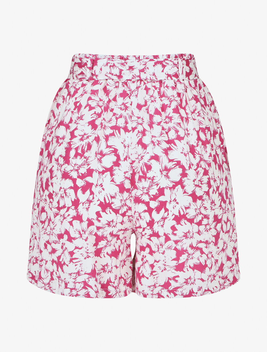 Short fluide imprimé fleurs et ceinturé - Fushia - 2