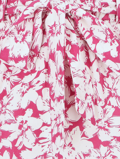 Short fluide imprimé fleurs et ceinturé - Fushia - 3