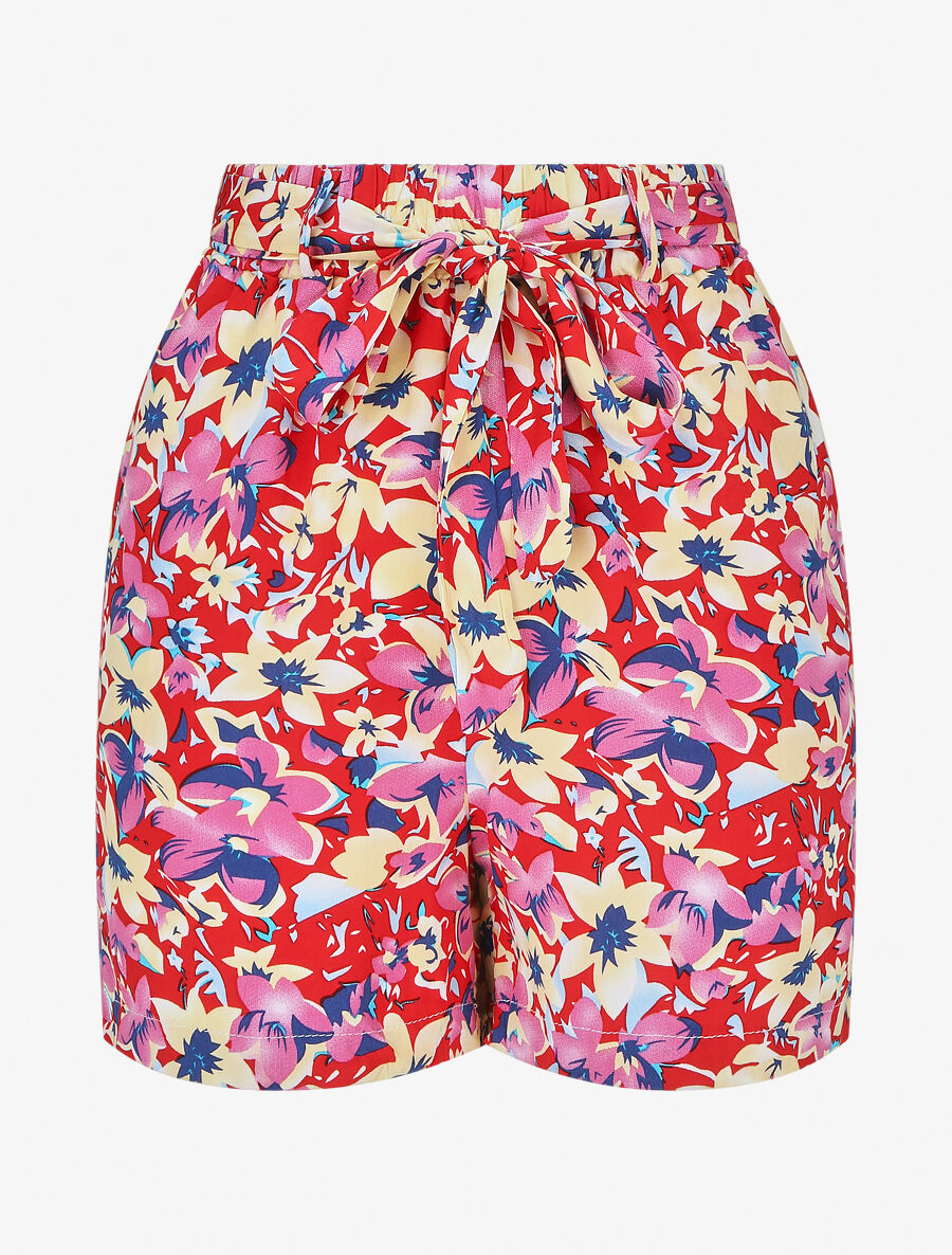 Short fluide imprimé fleuri et ceinturé - Rouge - 4