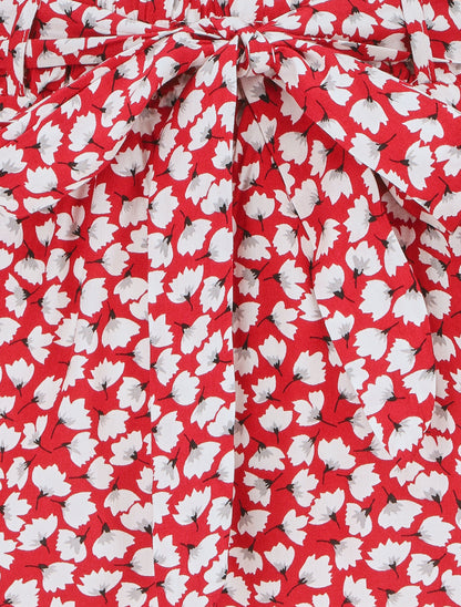 Short fluide imprimé petites fleurs et ceinturé - Rouge - 3