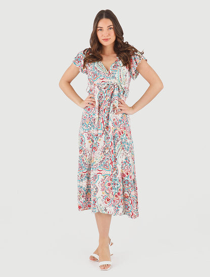 Robe longues motif floral à mancherons - Bleu canard - 4