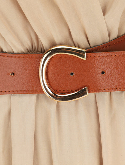 Robe longue unie manches courtes - Beige - 3