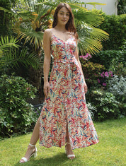 Robe longue évasée à fines bretelles imprimé tropical - Rouge/rose - 1