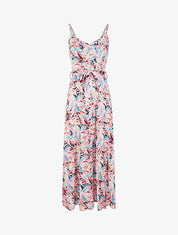 Robe longue évasée à fines bretelles imprimé tropical - Marine/rose - 5