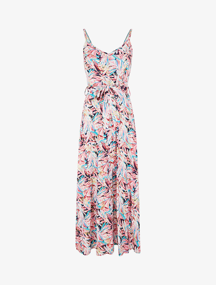 Robe longue évasée à fines bretelles imprimé tropical - Marine/rose - 5