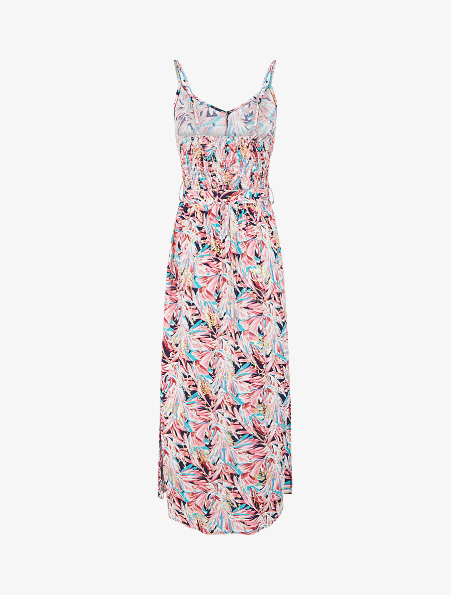 Robe longue évasée à fines bretelles imprimé tropical - Marine/rose - 2