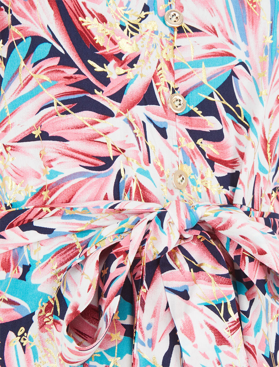 Robe longue évasée à fines bretelles imprimé tropical - Marine/rose - 3