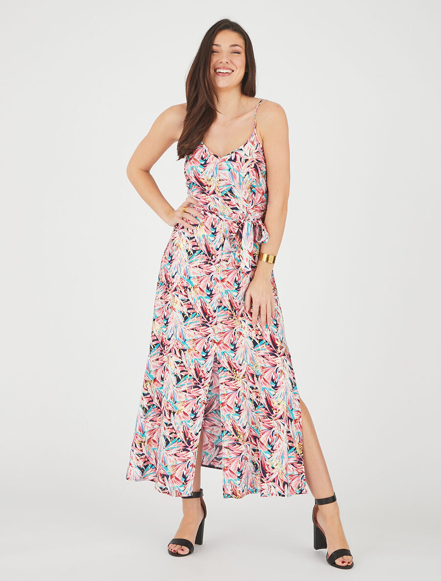Robe longue évasée à fines bretelles imprimé tropical - Marine/rose - 4