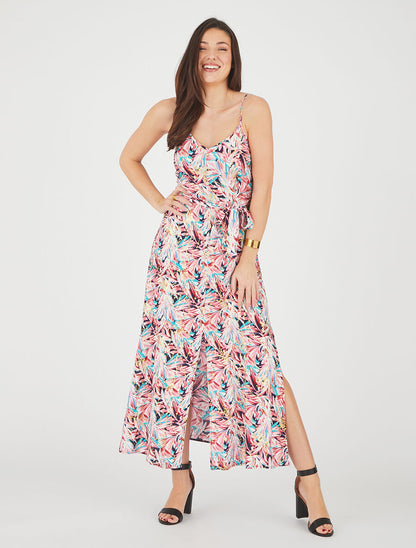 Robe longue évasée à fines bretelles imprimé tropical - Marine/rose - 4