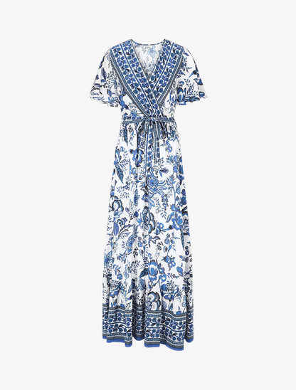 Robe imprimé fleuri à taille élastiquée - Bleu - 1