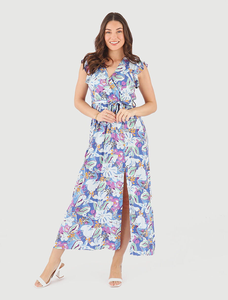 Robe longue à mancherons imprimé fleuri - Bleu - 4