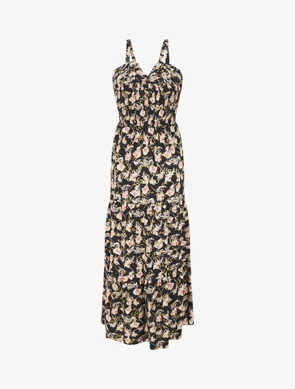 Robe longue évasée imprimé fleur irisé à bretelles - Noir - 2