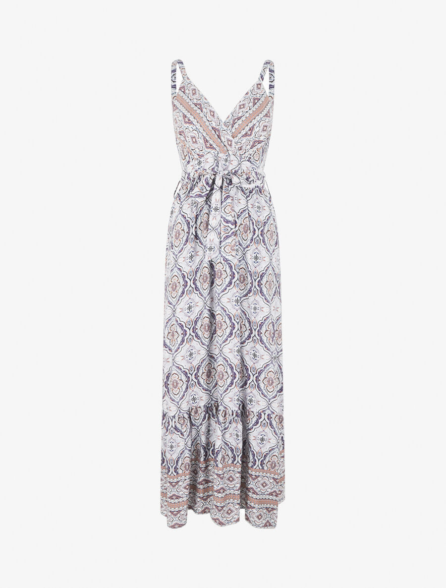 Robe longue évasée imprimé arabesque fleuri à bretelles - Violet - 1