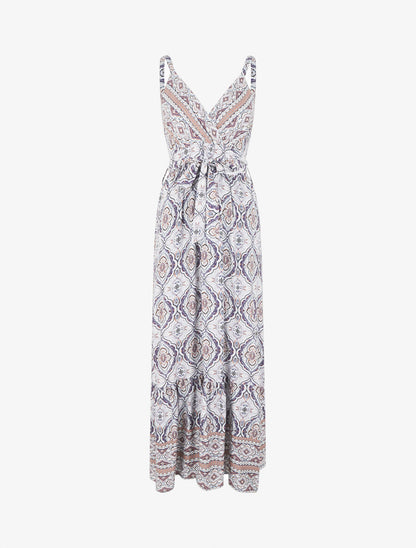 Robe longue évasée imprimé arabesque fleuri à bretelles - Violet - 1