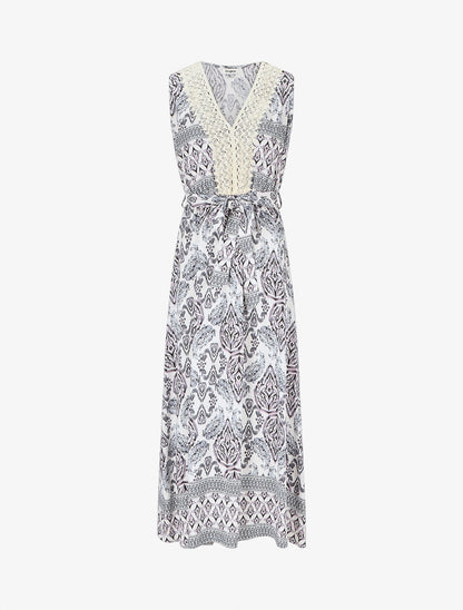Robe longue à col à détail brodé - Noir - 1