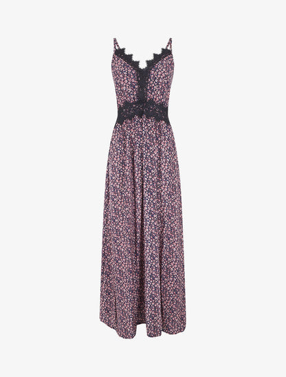Robe longue petites fleurs à detail broderies - Marine - 6