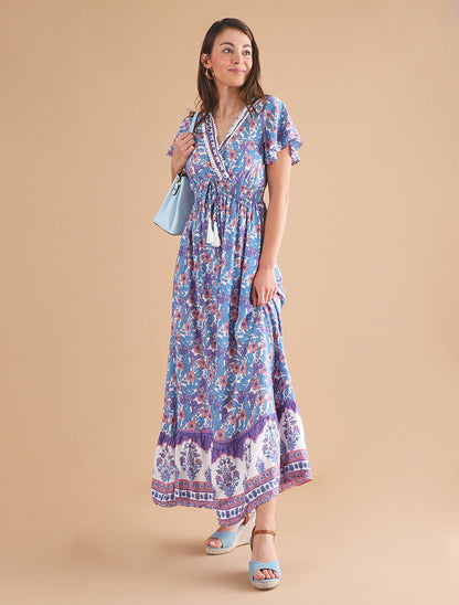 Robe fleurie à cordons de serrage - Bleu - 4