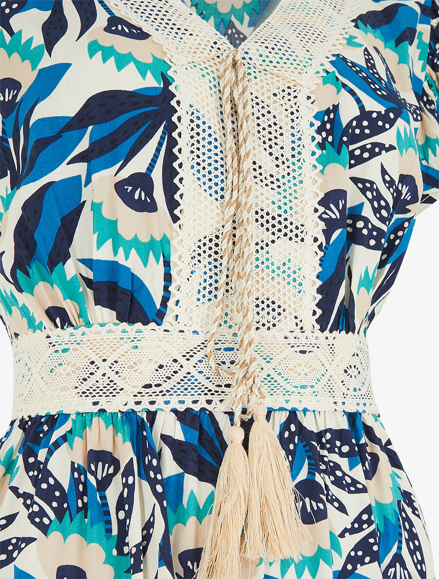 Robe imprimé abstrait à col V brodé - Bleu - 3