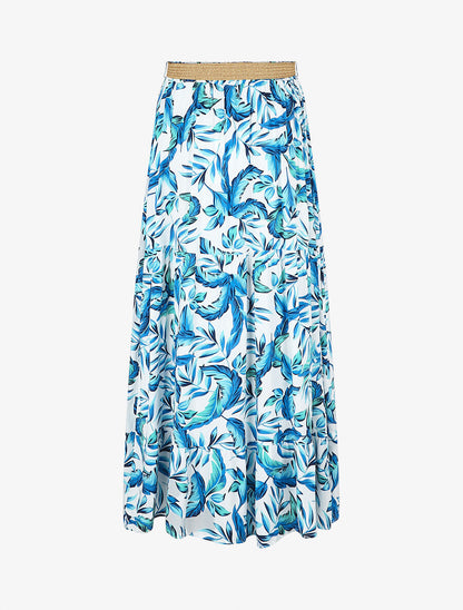 Jupe imprimé feuilles à taille élastiquée - Bleu - 2