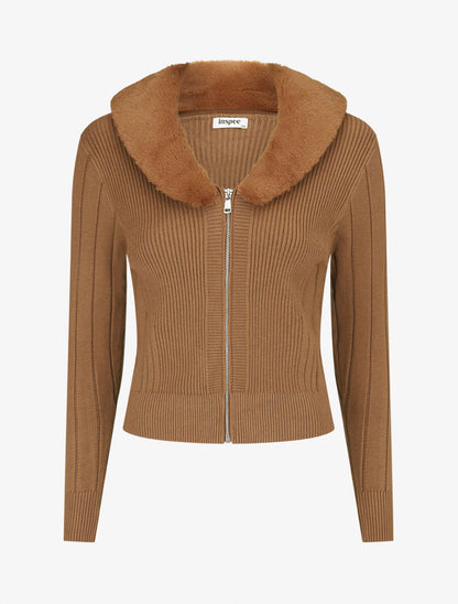 Gilet zippé et col à fourrure synthétique - Camel - 1