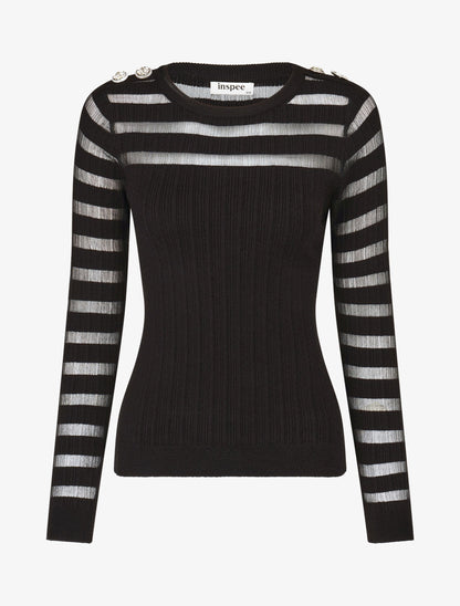 Pull uni à bandes ajourées et bijoux aux épaules - Noir - 1