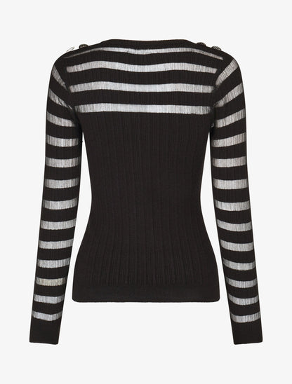 Pull uni à bandes ajourées et bijoux aux épaules - Noir - 2