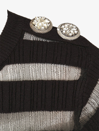 Pull uni à bandes ajourées et bijoux aux épaules - Noir - 3