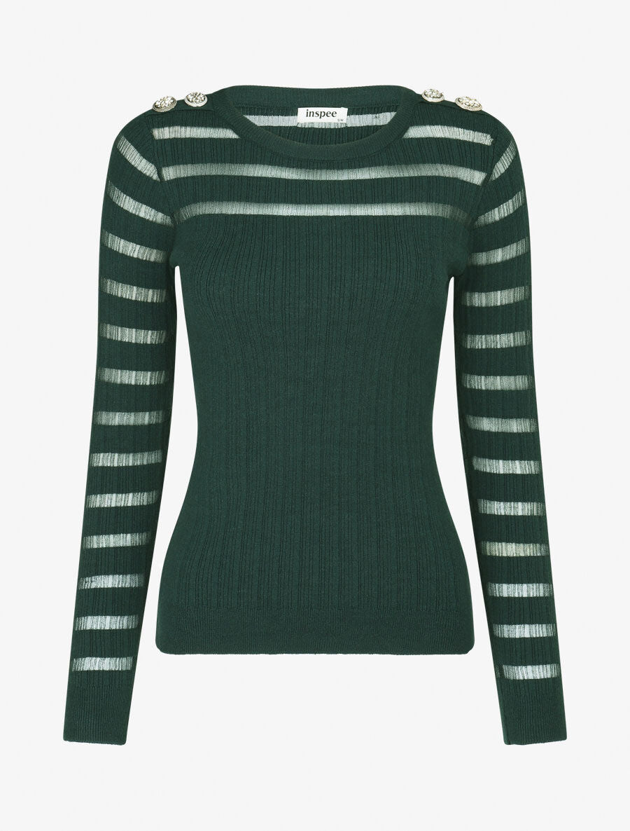 Pull uni à bandes ajourées et bijoux aux épaules - Vert sapin - 4