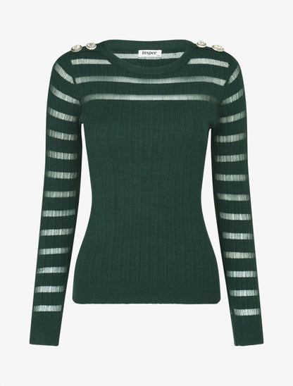 Pull uni à bandes ajourées et bijoux aux épaules - Vert sapin - 4