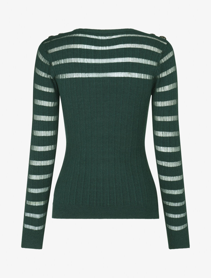 Pull uni à bandes ajourées et bijoux aux épaules - Vert sapin - 2