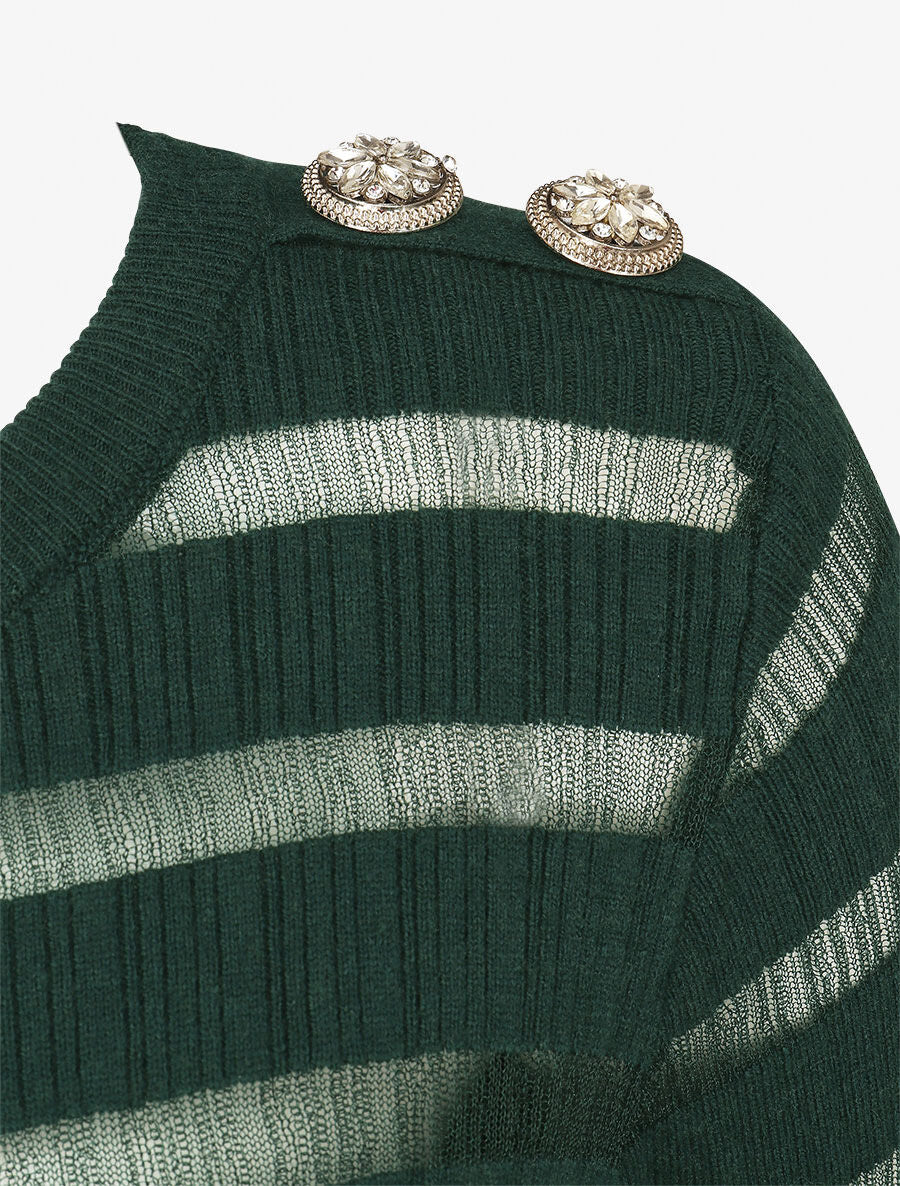 Pull uni à bandes ajourées et bijoux aux épaules - Vert sapin - 3