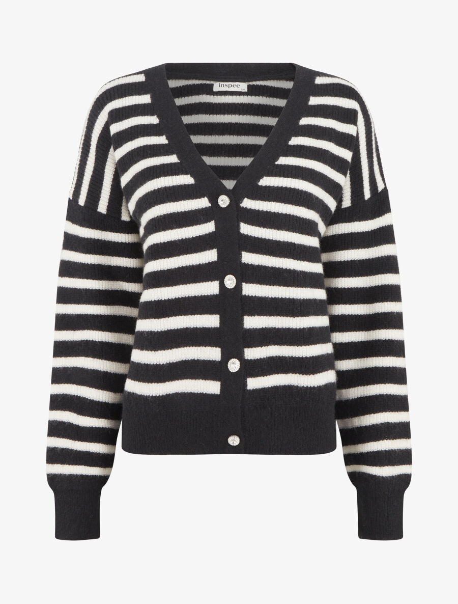 Cardigan rayé à boutons strassés - Noir - 4
