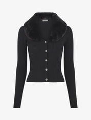 Gilet côtelé ajusté col en fourrure - Noir - 5