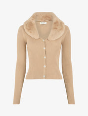 Gilet côtelé ajusté col en fourrure - Taupe - 1