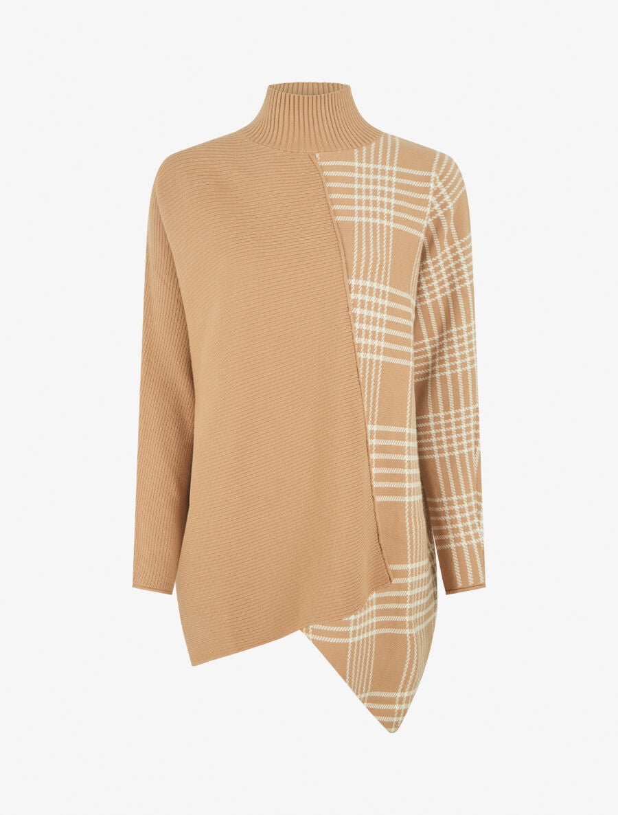 Pull ample motif carreaux et bord asymétriques - Camel - 1