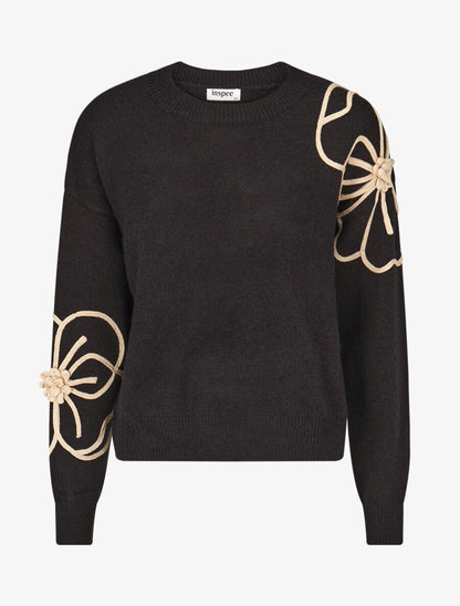 Pull en maille broderie fleurs - Noir - 1