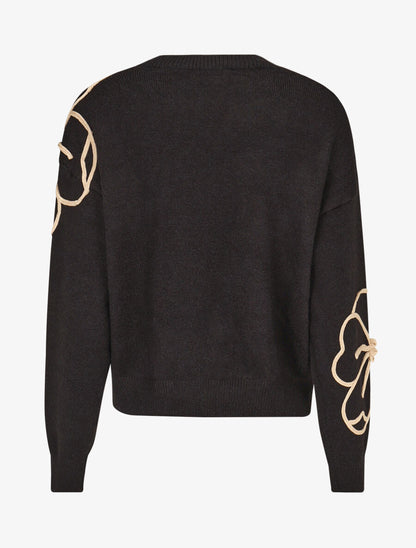 Pull en maille broderie fleurs - Noir - 2