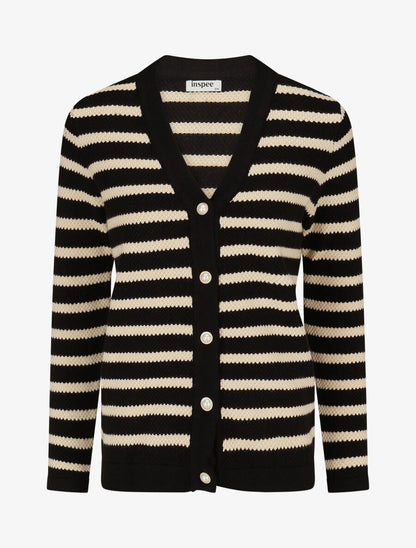 Cardigan boutonné à rayures - Noir - 1