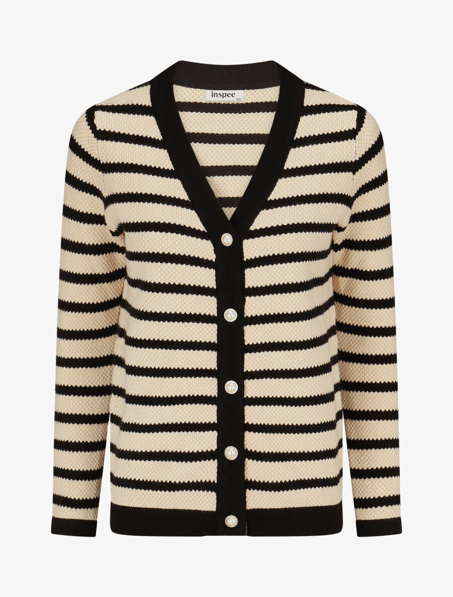 Cardigan boutonné à rayures - Beige - 4