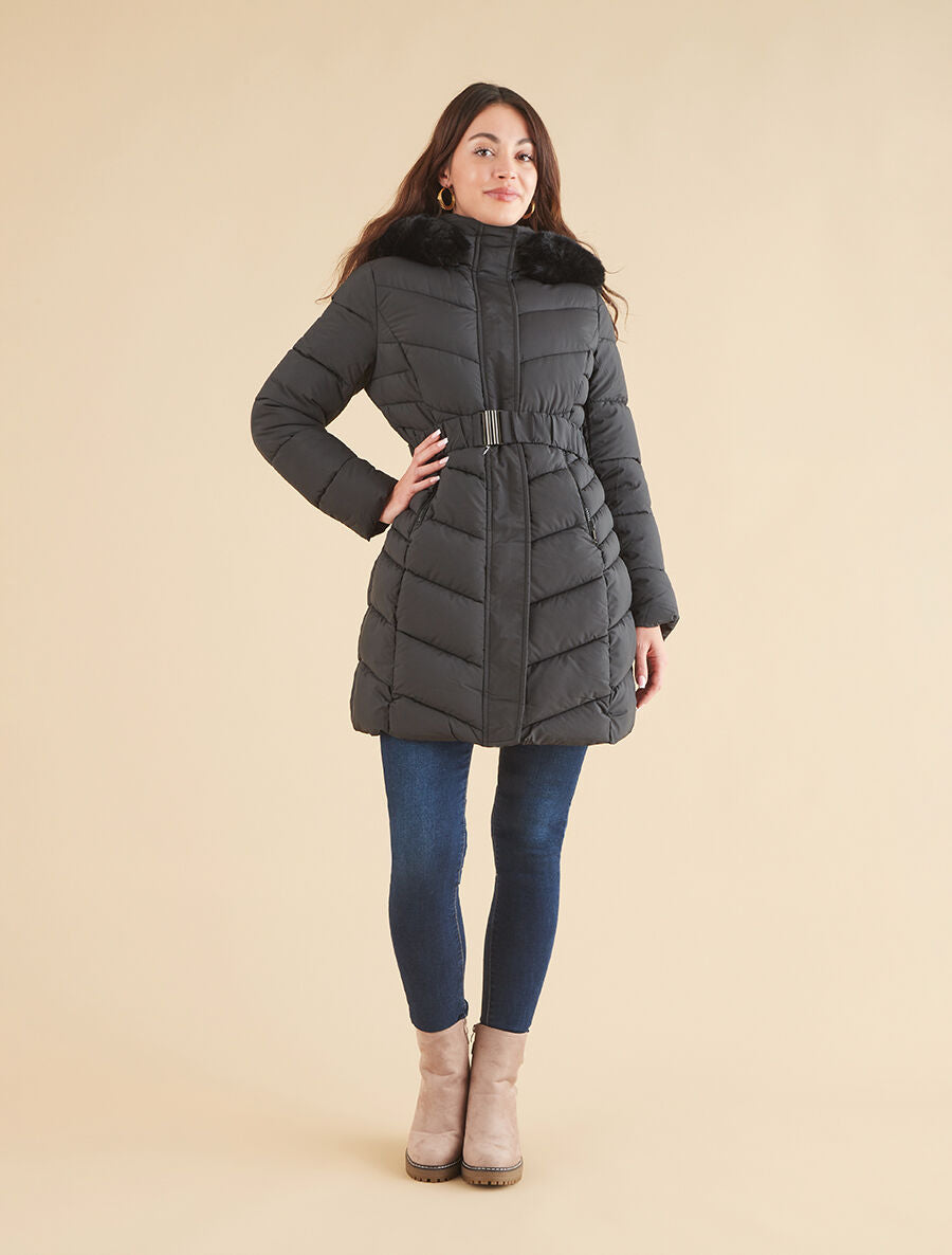 Doudoune droite à fourrure synthétique - Noir - 4