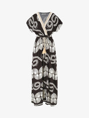 Robe longue à manches courtes imprimé fantaisie - Noir - 1