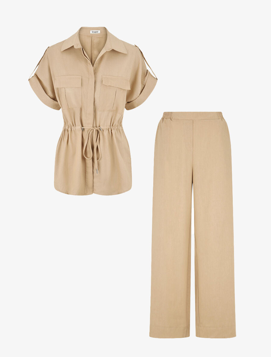 Ensemble chemise et pantalon uni effet lin - Beige - 2
