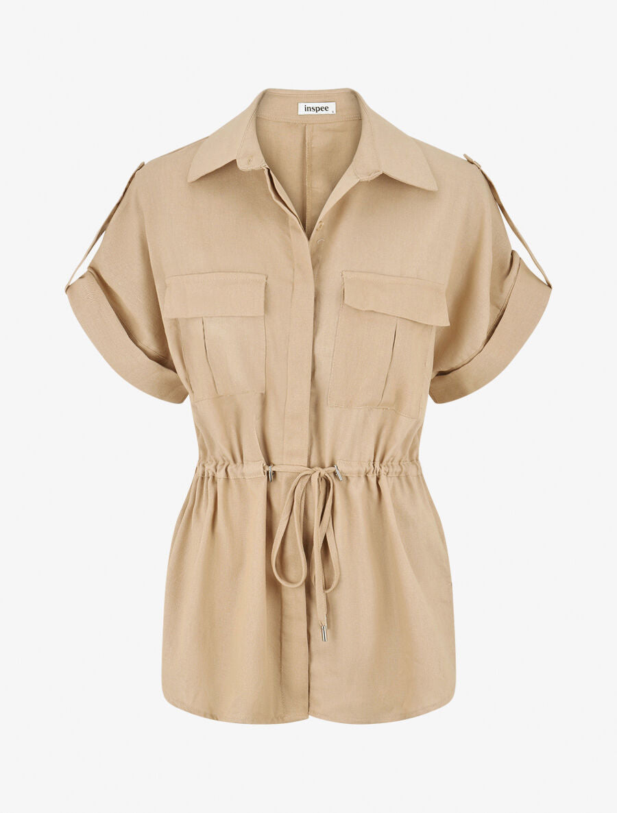 Ensemble chemise et pantalon uni effet lin - Beige - 3