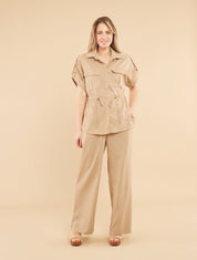 Ensemble chemise et pantalon uni effet lin - Beige - 1