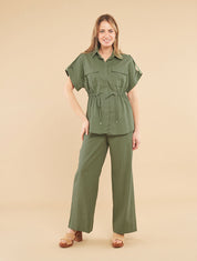 Ensemble chemise et pantalon uni effet lin - Kaki - 1