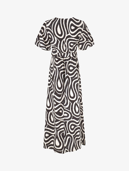 Robe longue col cache-coeur imprimé graphique - Noir - 2