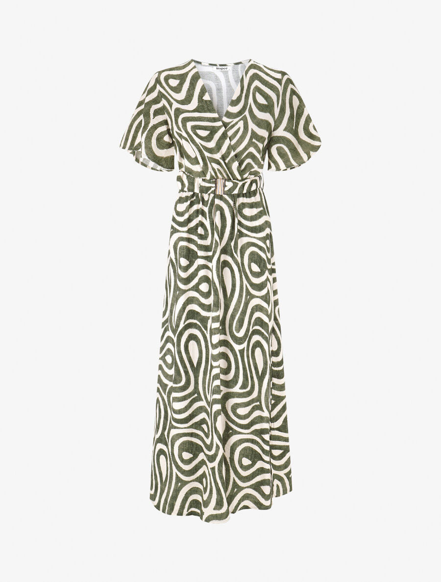 Robe longue col cache-coeur imprimé graphique - Kaki - 4