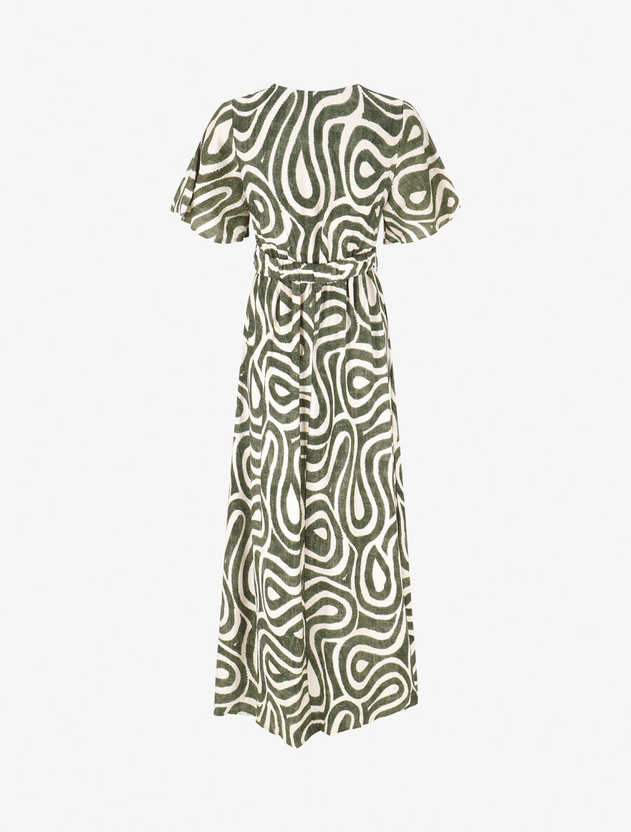 Robe longue col cache-coeur imprimé graphique - Kaki - 2