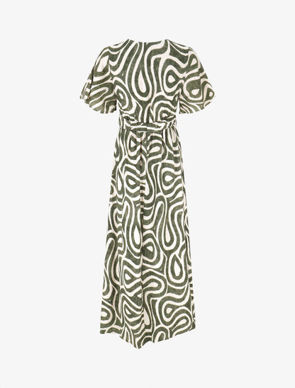 Robe longue col cache-coeur imprimé graphique - Kaki - 2